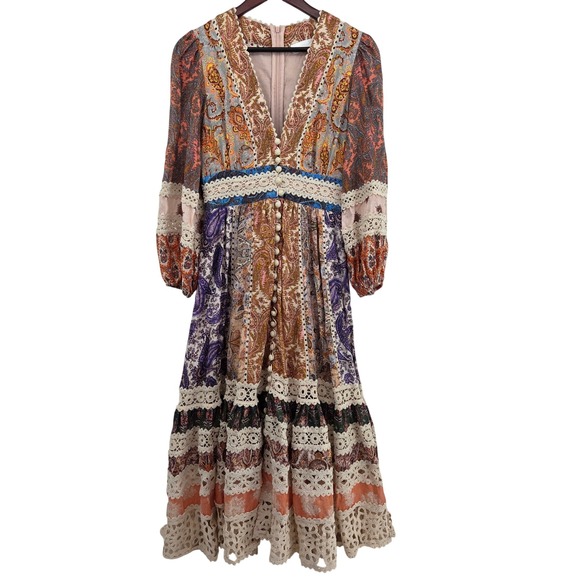 Zimmermann Devi Paisley Linen Midi Billow Dress Boho Crochet Designer Sz 1 NWOT